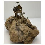 Vintage ALBERT GUIBARA Driftwood And Gilt Metal Art Sculpture Mid-Century Modern 7 1/2" x 8"