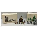 Vintage Dept. 56 Collectibles Including  Dickens "ASHLEY POND SKATING PARTY" Missing One Figure Set & Porcelain Evergreen Trees In Original Box