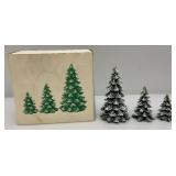 Vintage Dept. 56 Collectibles Including  Dickens "ASHLEY POND SKATING PARTY" Missing One Figure Set & Porcelain Evergreen Trees In Original Box