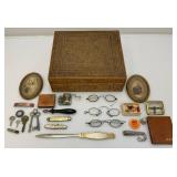 Vintage Collectible Items And Hand Carved And Inlayed Wooden Box