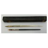 Pair Of Antique Gold Tip? Dip Ink Pens In Original Box One With Pearl Handle