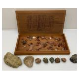 Vintage Wooden Box With Agate Rocks And More