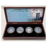 Vintage Collectible Enamel Printed KENNEDY Half Dollars, Sep. 11TH 10th Anniversary Tribute Coins In Wooden Box (New Old Stock)