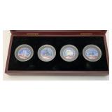 Vintage Collectible Enamel Printed KENNEDY Half Dollars, Sep. 11TH 10th Anniversary Tribute Coins In Wooden Box (New Old Stock)