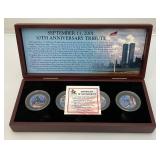 Vintage Collectible Enamel Printed KENNEDY Half Dollars, Sep. 11TH 10th Anniversary Tribute Coins In Wooden Box (New Old Stock)