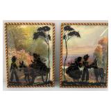 Two Vintage Silhouette Reverse Painted Prints With Convex Bubble Glass Victorian Themed 6" x 8" Wall Hanging