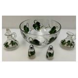 Vintage Unmarked Anchor Hocking Hand Painted Bowl With Vinegar/Oil Cruets (One With Stopper) & Salt & Pepper Shakers