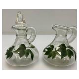 Vintage Unmarked Anchor Hocking Hand Painted Bowl With Vinegar/Oil Cruets (One With Stopper) & Salt & Pepper Shakers