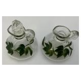 Vintage Unmarked Anchor Hocking Hand Painted Bowl With Vinegar/Oil Cruets (One With Stopper) & Salt & Pepper Shakers