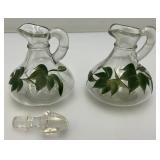 Vintage Unmarked Anchor Hocking Hand Painted Bowl With Vinegar/Oil Cruets (One With Stopper) & Salt & Pepper Shakers