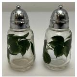 Vintage Unmarked Anchor Hocking Hand Painted Bowl With Vinegar/Oil Cruets (One With Stopper) & Salt & Pepper Shakers