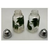 Vintage Unmarked Anchor Hocking Hand Painted Bowl With Vinegar/Oil Cruets (One With Stopper) & Salt & Pepper Shakers