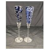 Michael Weeks 2005 Blue Frosted Etched Champagne Flutes - Set of 2