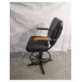 Black Vinyl Bar Stool With Wood Arm Rests, Foot Ring, Four-Point Base