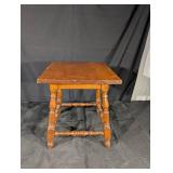 Antique Oak End Table with Turned Legs and Lower Stretchers