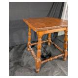 Antique Oak End Table with Turned Legs and Lower Stretchers
