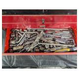 Assorted Hand Tools in Red 3-Drawer Chest with Wrenches, Pliers & Sockets