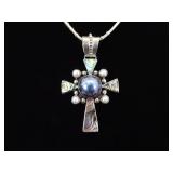 .925 Sterling Silver Abalone and Black Pearl Cross Pendant and Thick Necklace