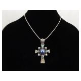 .925 Sterling Silver Abalone and Black Pearl Cross Pendant and Thick Necklace