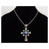 .925 Sterling Silver Abalone and Black Pearl Cross Pendant and Thick Necklace