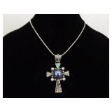.925 Sterling Silver Abalone and Black Pearl Cross Pendant and Thick Necklace