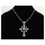 .925 Sterling Silver Abalone and Black Pearl Cross Pendant and Thick Necklace