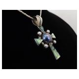.925 Sterling Silver Abalone and Black Pearl Cross Pendant and Thick Necklace