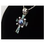 .925 Sterling Silver Abalone and Black Pearl Cross Pendant and Thick Necklace