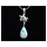.925 Sterling Silver Larimar and Topaz Turtle Dangle Pendant Necklace