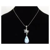 .925 Sterling Silver Larimar and Topaz Turtle Dangle Pendant Necklace
