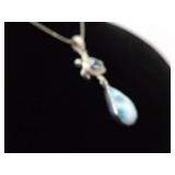 .925 Sterling Silver Larimar and Topaz Turtle Dangle Pendant Necklace