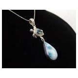 .925 Sterling Silver Larimar and Topaz Turtle Dangle Pendant Necklace