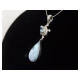 .925 Sterling Silver Larimar and Topaz Turtle Dangle Pendant Necklace