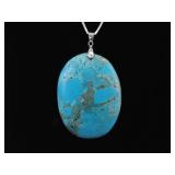 .925 Sterling Silver Large Turquoise Stone Statement Pendant Necklace
