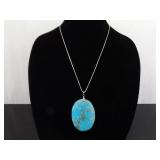 .925 Sterling Silver Large Turquoise Stone Statement Pendant Necklace