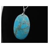 .925 Sterling Silver Large Turquoise Stone Statement Pendant Necklace