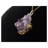 .925 Sterling Silver Raw Amethyst Geode Vermeil Pendant Necklace