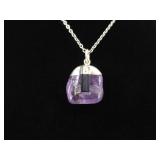.925 Sterling Silver Semi Polished Raw Amethyst Pendant Necklace