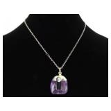 .925 Sterling Silver Semi Polished Raw Amethyst Pendant Necklace