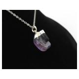 .925 Sterling Silver Semi Polished Raw Amethyst Pendant Necklace