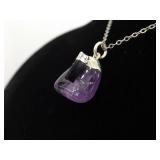 .925 Sterling Silver Semi Polished Raw Amethyst Pendant Necklace