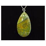 .925 Sterling Silver Calcedony Dragons Veins Agate Pendant Necklace