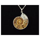 .925 Sterling Silver Ammonite Fossil Pendant Necklace