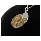 .925 Sterling Silver Ammonite Fossil Pendant Necklace