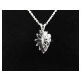 .925 Sterling Silver Black Sapphire Crystal Leaf Pendant Necklace