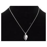 .925 Sterling Silver Black Sapphire Crystal Leaf Pendant Necklace