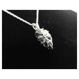 .925 Sterling Silver Black Sapphire Crystal Leaf Pendant Necklace