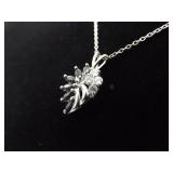 .925 Sterling Silver Black Sapphire Crystal Leaf Pendant Necklace