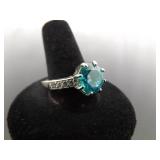 .925 Sterling Silver Aquamarine Crystal Ring Size 11