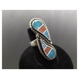 .925 Sterling Silver Inlayed turquoise and Coral Yin Yang Ring Size 6.25
